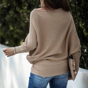 Women off shoulder knit tan loose fit sweater tops